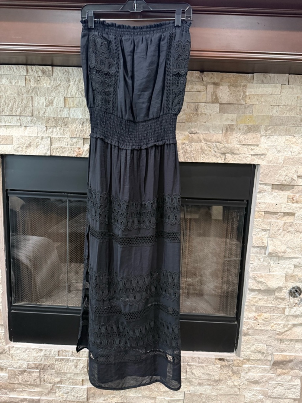 Elan Black Strapless Maxi Dress with Lace Panels